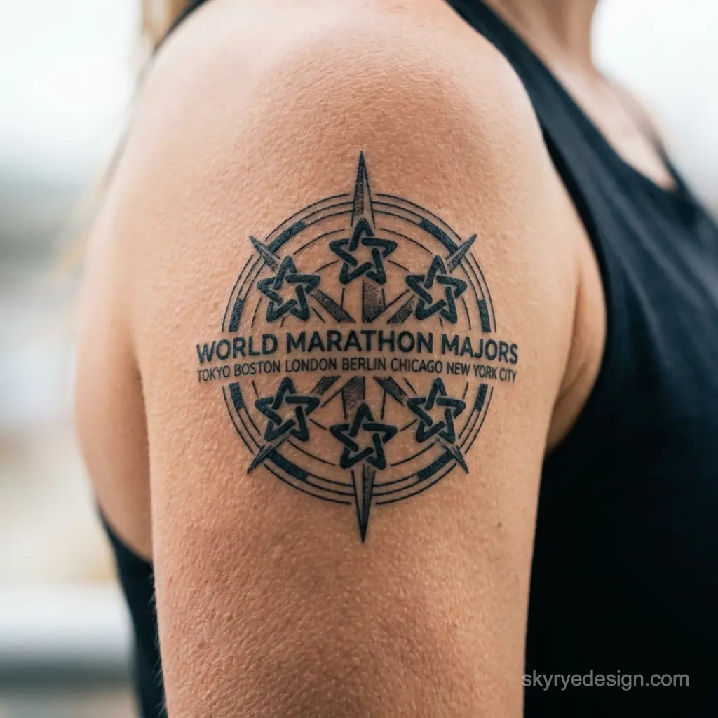 World Marathon Majors tattoo on upper arm: compass and stars listing Tokyo, Boston, London, Berlin, Chicago, New York