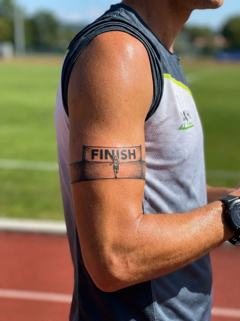 Finish-line runner armband tattoo on athletic man's upper arm at outdoor track