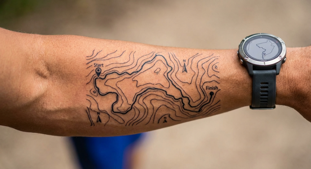 Forearm topographic trail map tattoo showing start and finish markers, contour lines, and GPS smartwatch