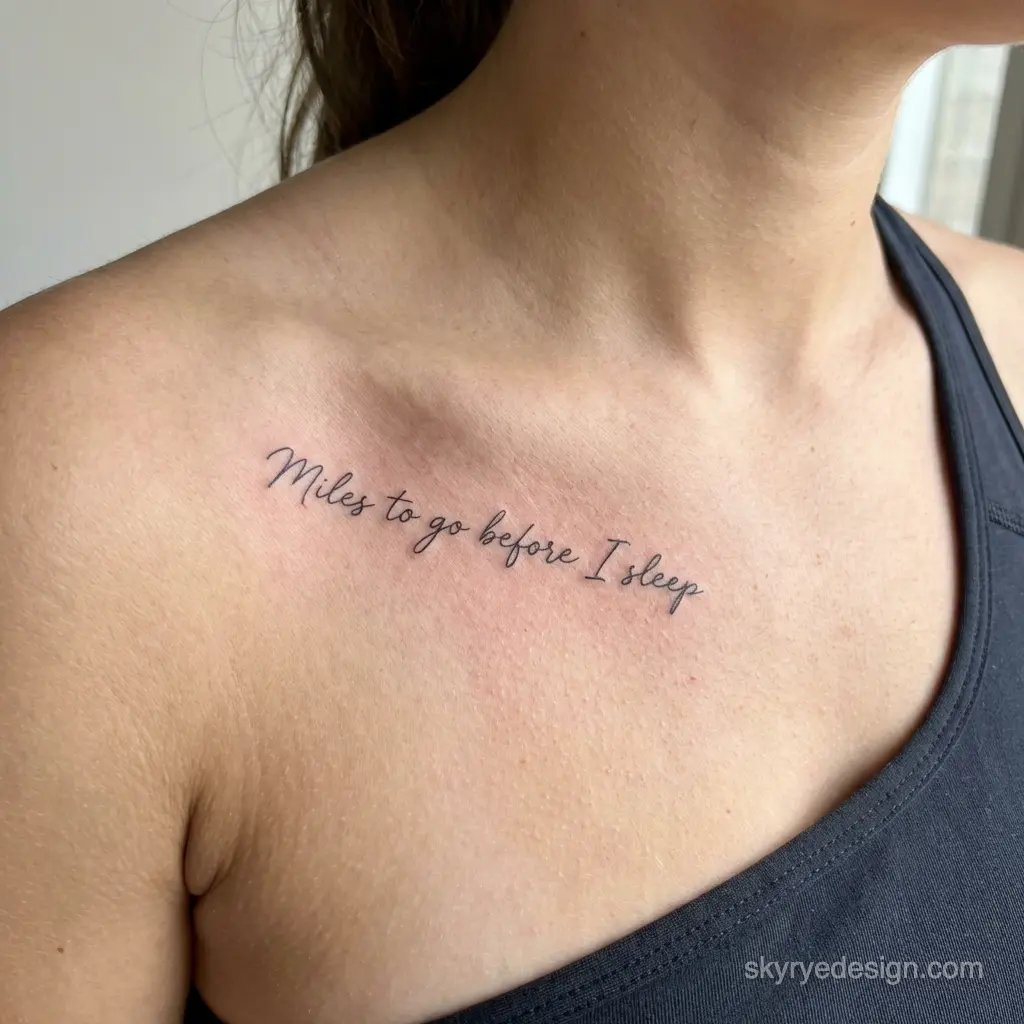Minimal black script collarbone tattoo reading 'Miles to go before I sleep' on upper chest, close-up.