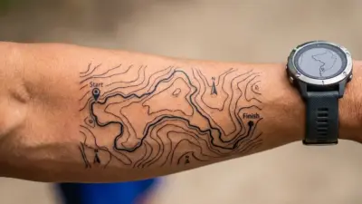 Forearm tattoo of topographic trail map with contour lines and Start and Finish markers next to GPS watch