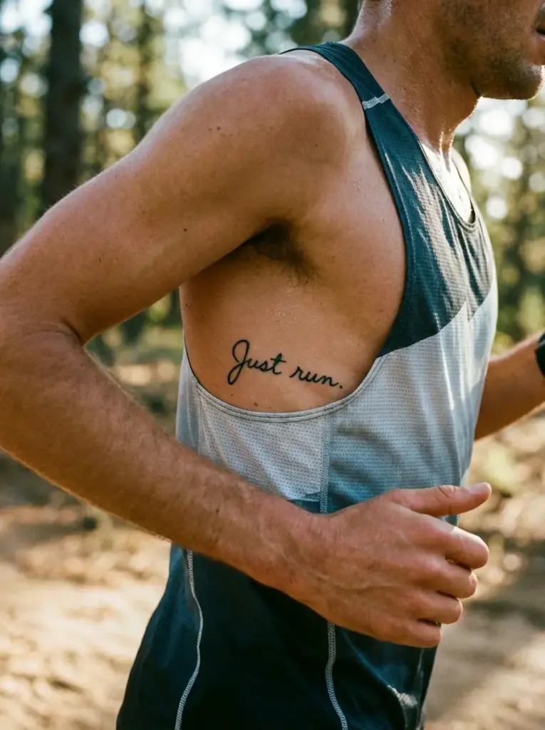 Male runner in tank top with Just run. rib tattoo jogging on a forest trail, outdoor fitness and running concept