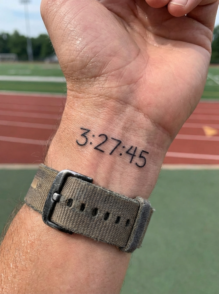 Race time wrist tattoo 3:27:45 above worn canvas watch strap, blurred running track and field in background
