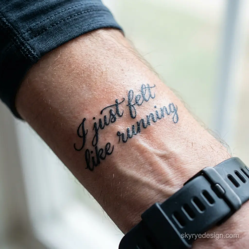 Close-up of wrist tattoo reading I just felt like running in cursive on forearm, with black fitness watch.
