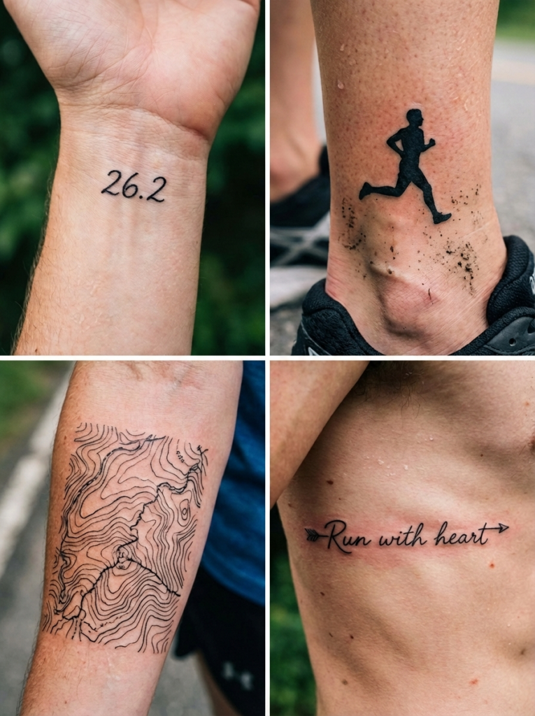 Four running tattoos: '26.2' wrist, runner ankle silhouette, topographic forearm map, 'Run with heart' rib script