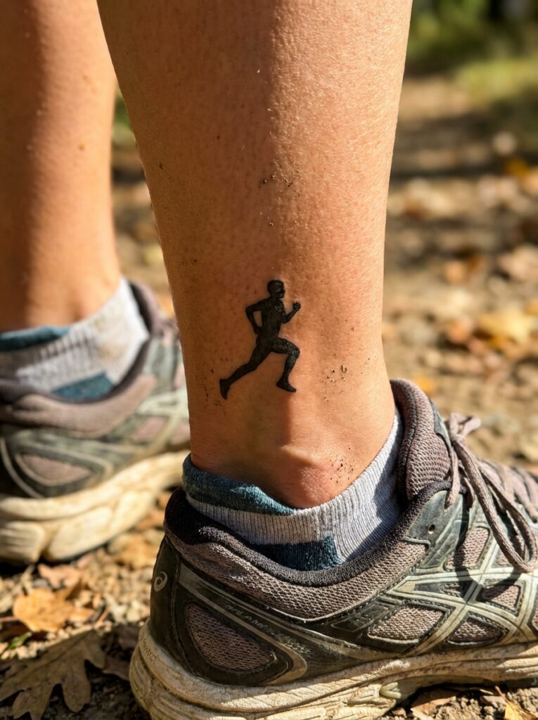Ankle tattoo of a running silhouette above worn trail running shoe on dirt path
