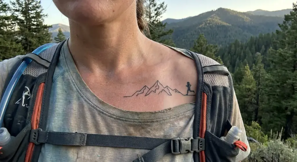 Collarbone mountain and runner tattoo on hiker wearing hydration pack with forested mountain landscape background