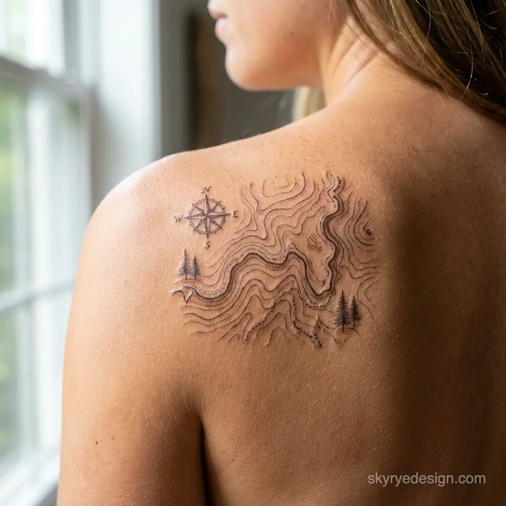 Fine-line topographic map shoulder tattoo with compass and pine trees on bare skin