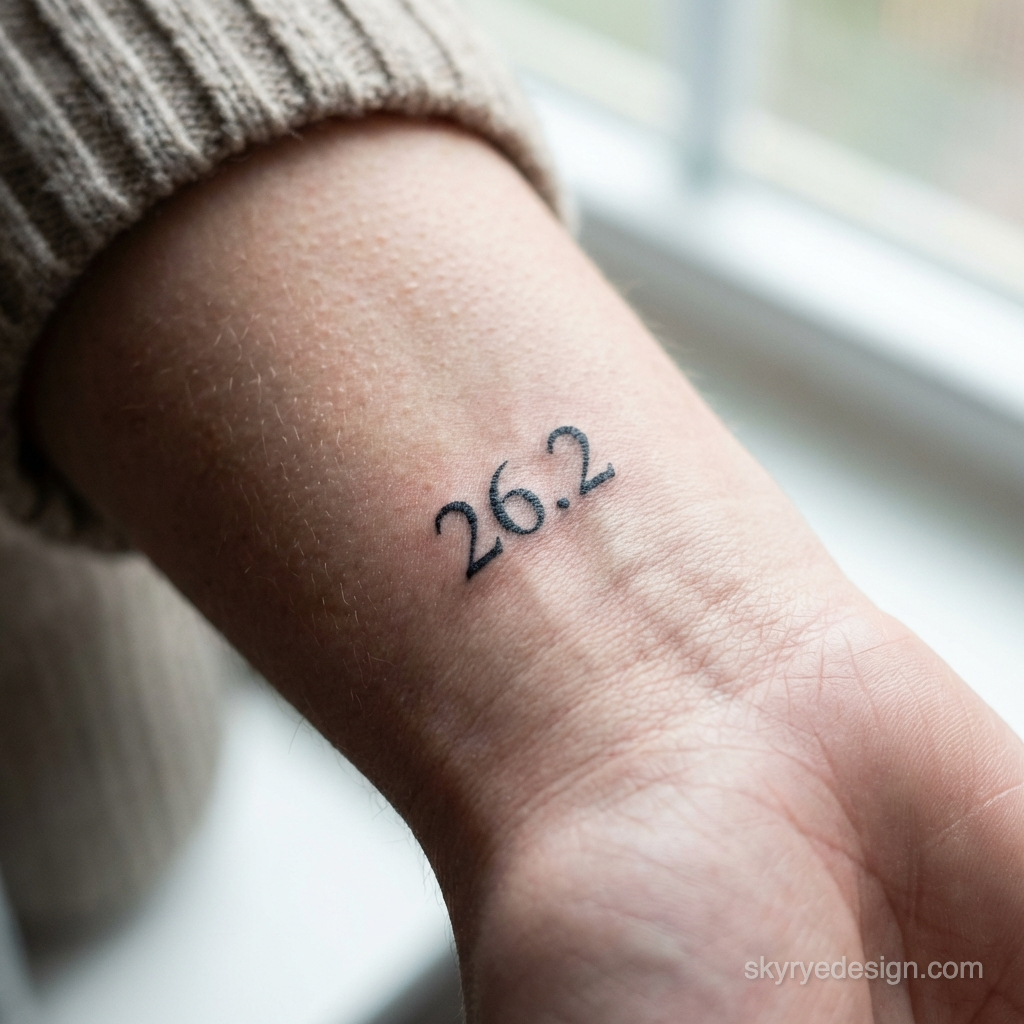 Small black '26.2' wrist tattoo, close-up, minimalist marathon distance tattoo