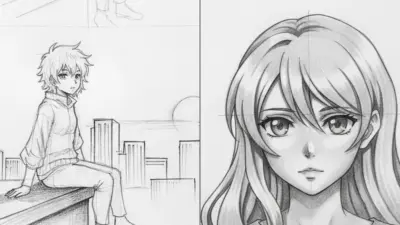 Split pencil sketch: left—anime character sitting on rooftop with city skyline; right—detailed manga-style female portrait.