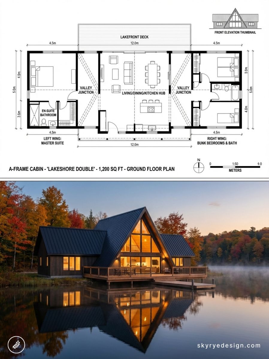 A-frame lakeside cabin and 1200 sq ft ground-floor plan, modern timber design at dusk with dock reflection