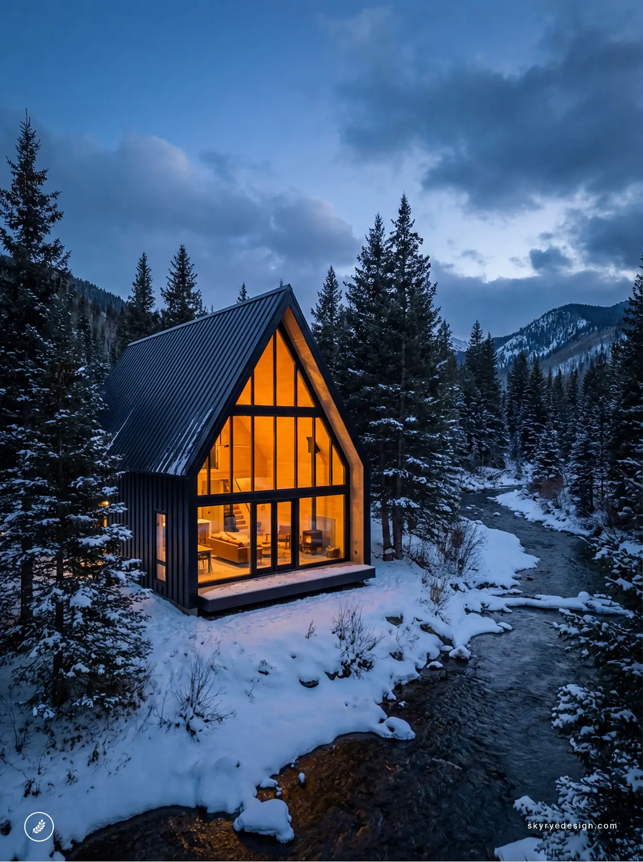 Cozy modern A-frame cabin glowing warm at dusk beside a snowy creek in a pine-covered mountain landscape