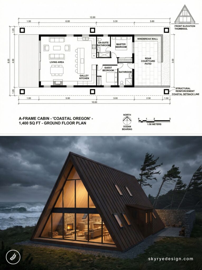 A-frame cabin Coastal Oregon 1,400 sq ft ground floor plan and evening exterior render of modern wood oceanfront cabin