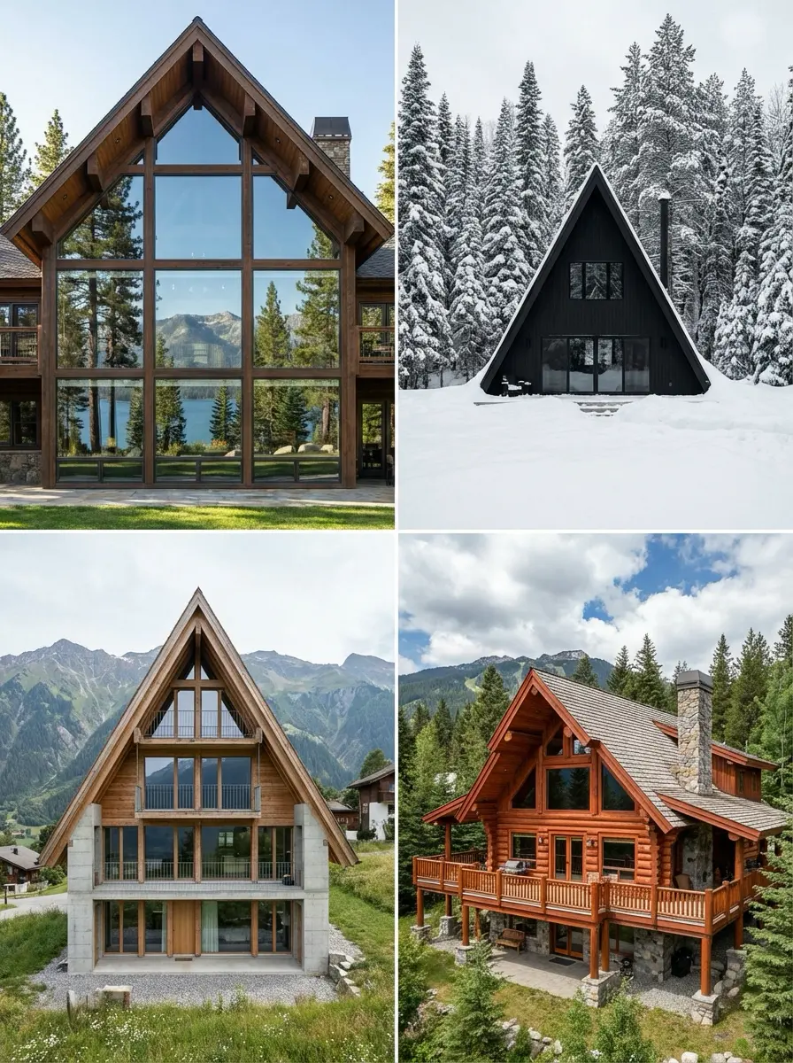 Collage of four A-frame and timber mountain cabins: lakeside, snowy black A-frame, alpine valley chalet, log cabin with deck.