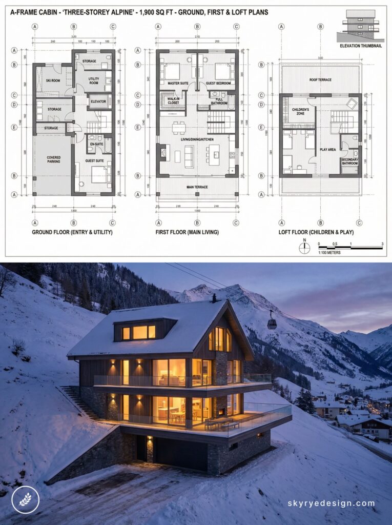 A-frame three-storey alpine cabin floor plans above evening exterior photo, warm-lit chalet in snowy mountain landscape.