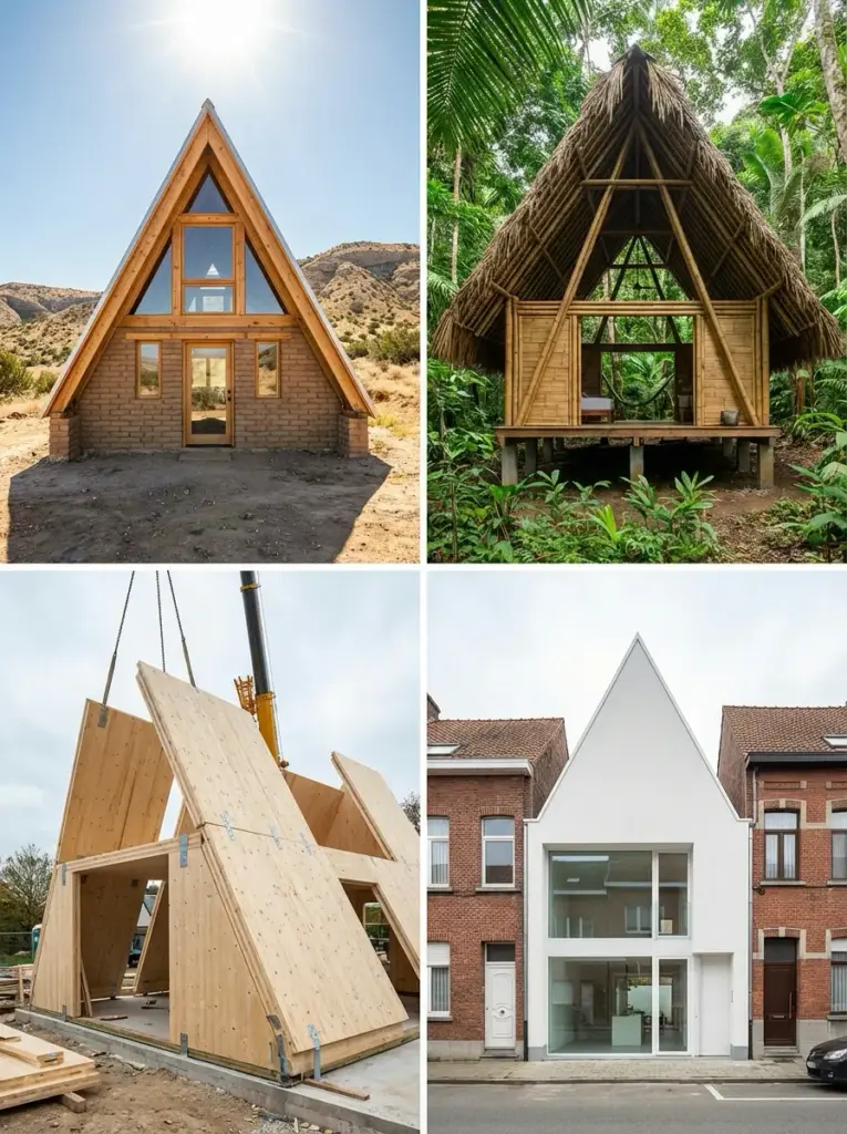 A-frame house collage: desert timber cabin, bamboo jungle hut, prefab timber assembly, modern white A-frame facade