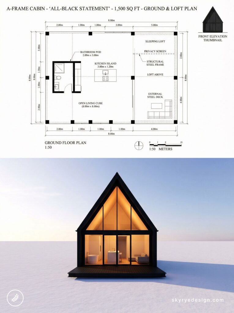 A-frame black cabin with 1,500 sq ft ground & loft floor plan above and warm-lit exterior render at dusk