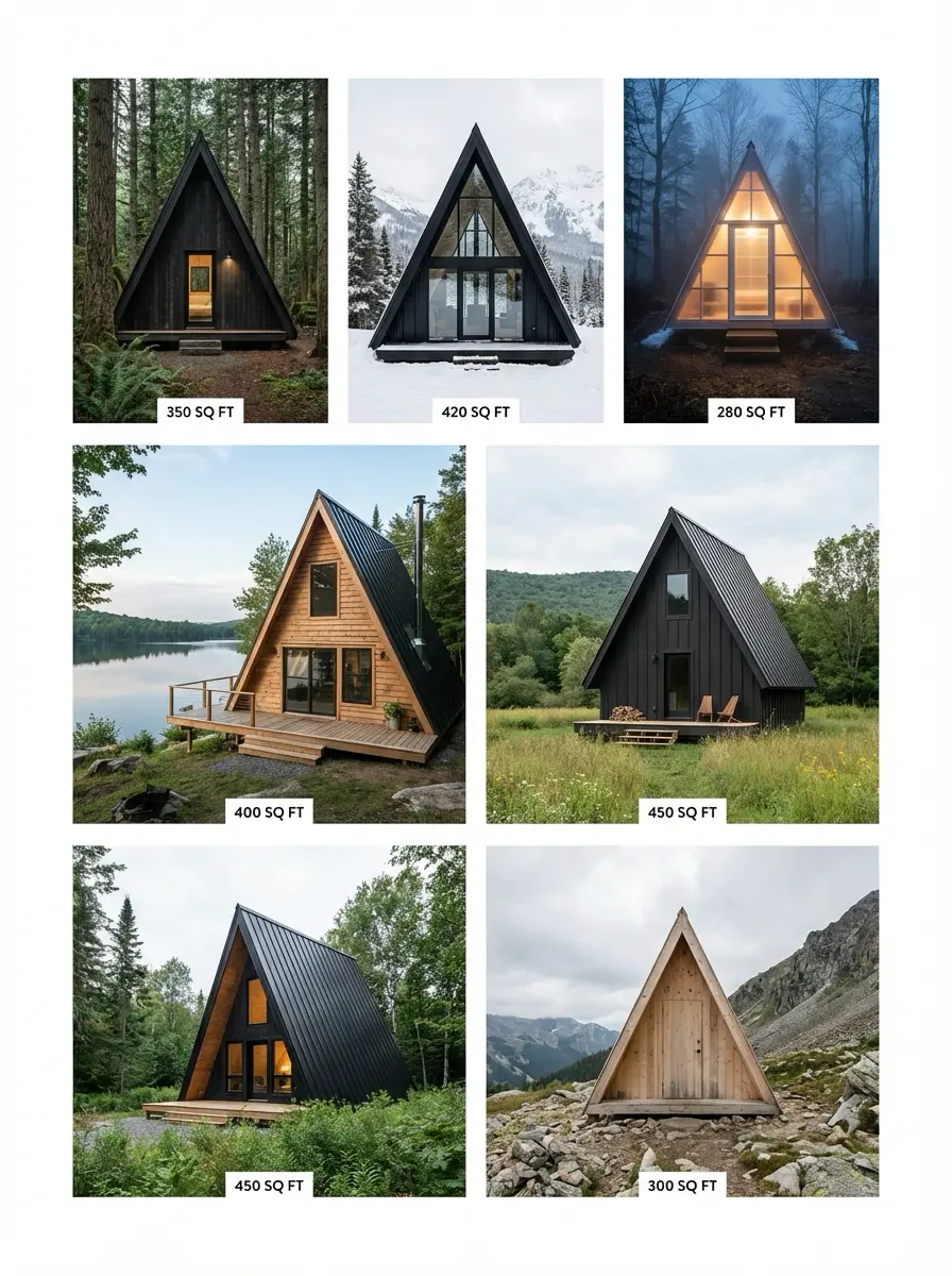 Collage of A-frame tiny cabins in forest, lake and mountain settings labeled 280–450 sq ft, small cabin design ideas