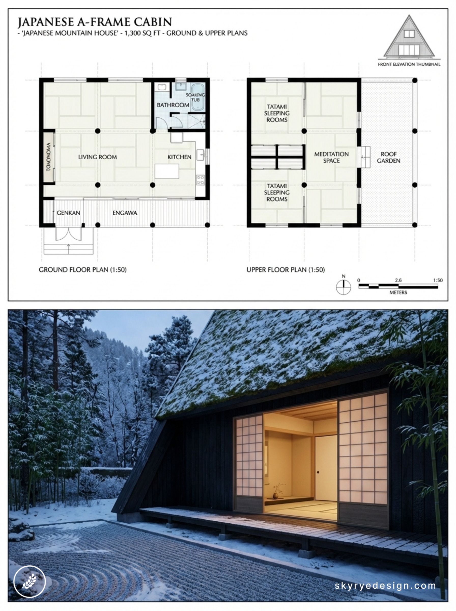 Japanese A-frame cabin floor plans above and snowy exterior photo with lit shoji doors, tatami room and mossy thatched roof