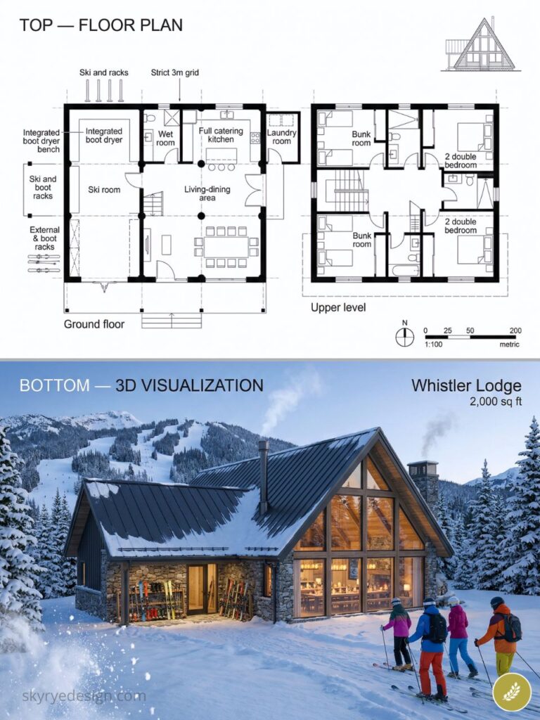 Whistler Lodge 2,000 sq ft: top floor plan and bottom 3D visualization of snowy ski-chalet with skiers