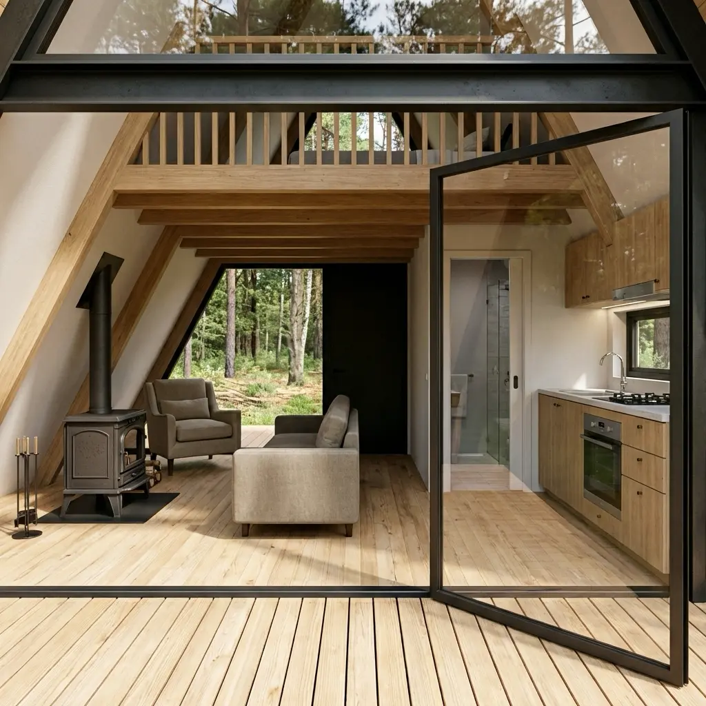 A-frame cabin interior with open glass doors, wood stove, sofa, kitchenette and forest view