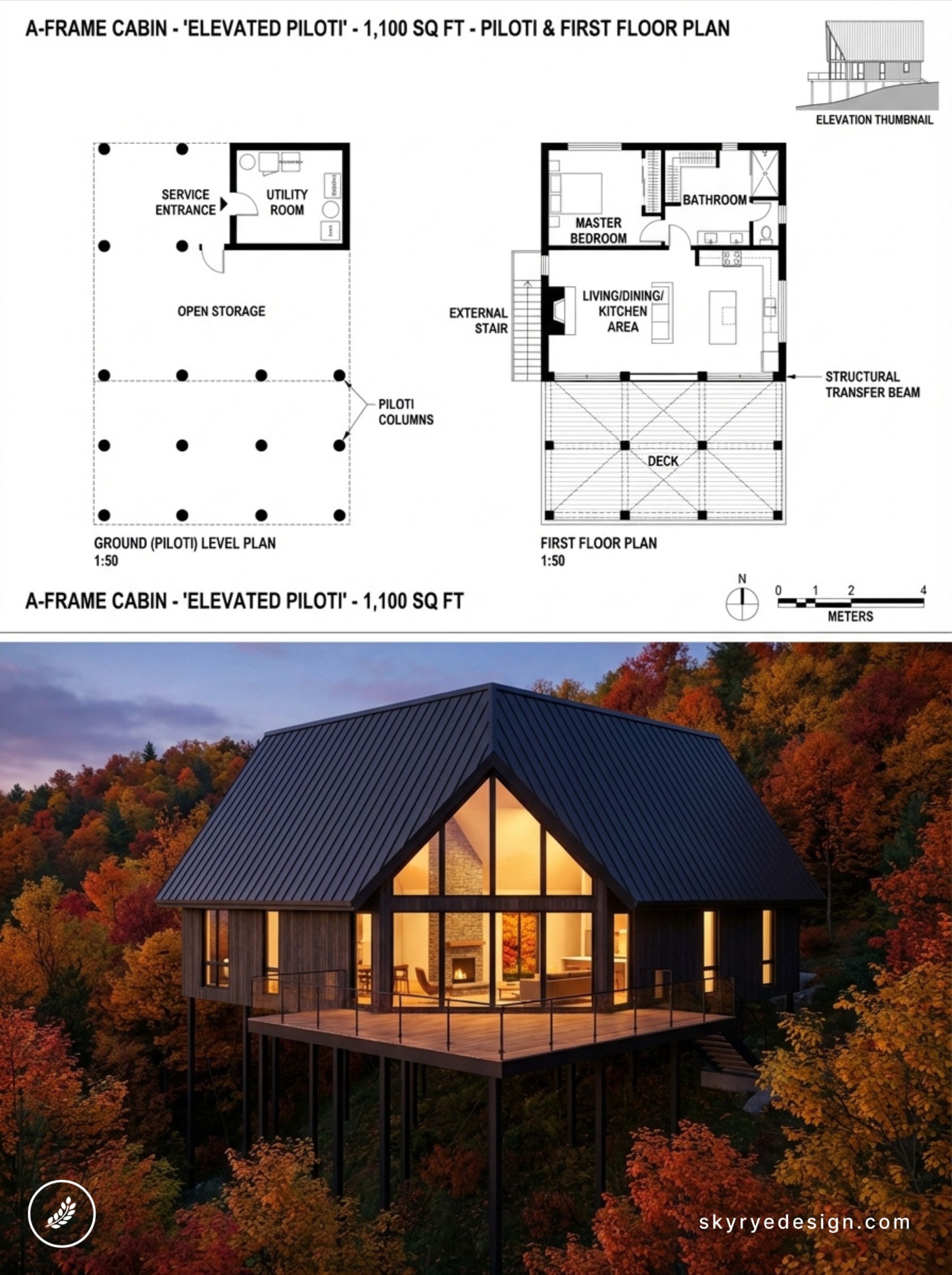 A-frame cabin elevated on piloti - 1,100 sq ft floor plan and autumn 3D render showing deck, large glass facade.