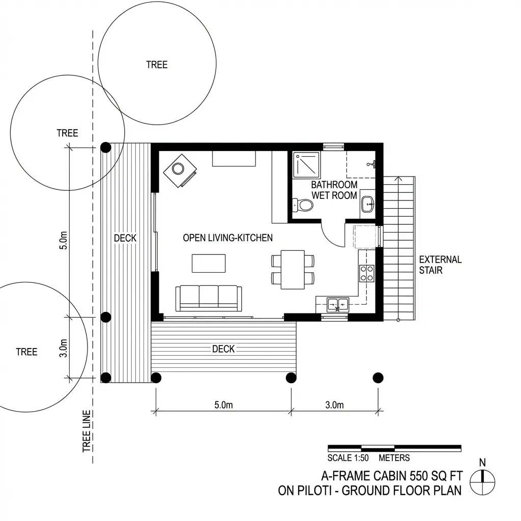 A-frame cabin 550 sq ft ground floor plan with open living-kitchen, deck, wet-room bathroom, external stair and tree line