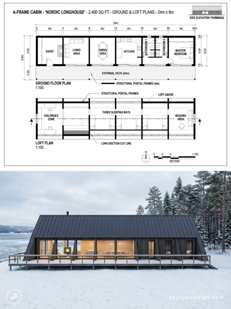 A-frame Nordic longhouse floor plans and snowy lakeside black-wood cabin with large deck