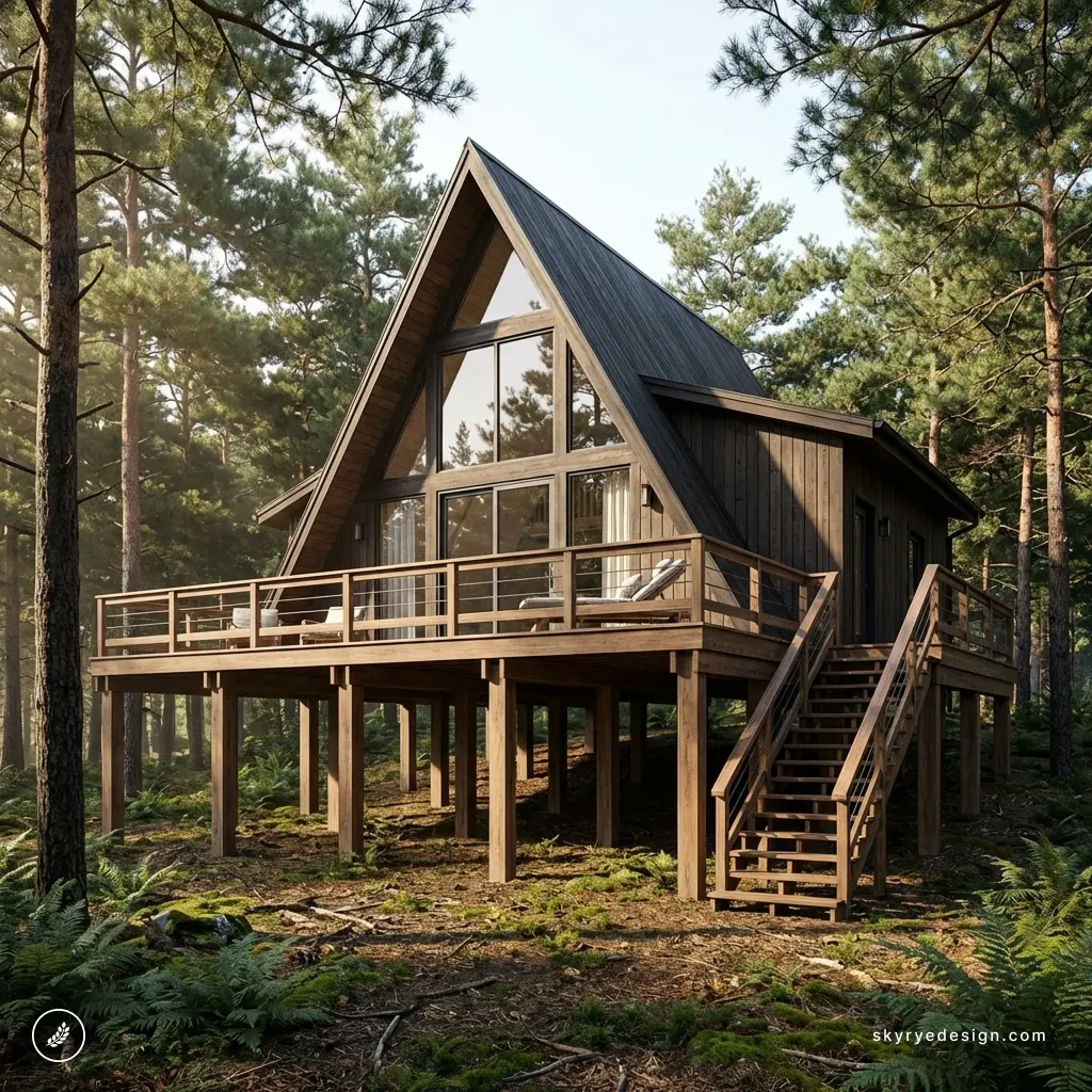 Elevated A-frame wooden cabin with large glass windows and wraparound deck in a sunlit pine forest