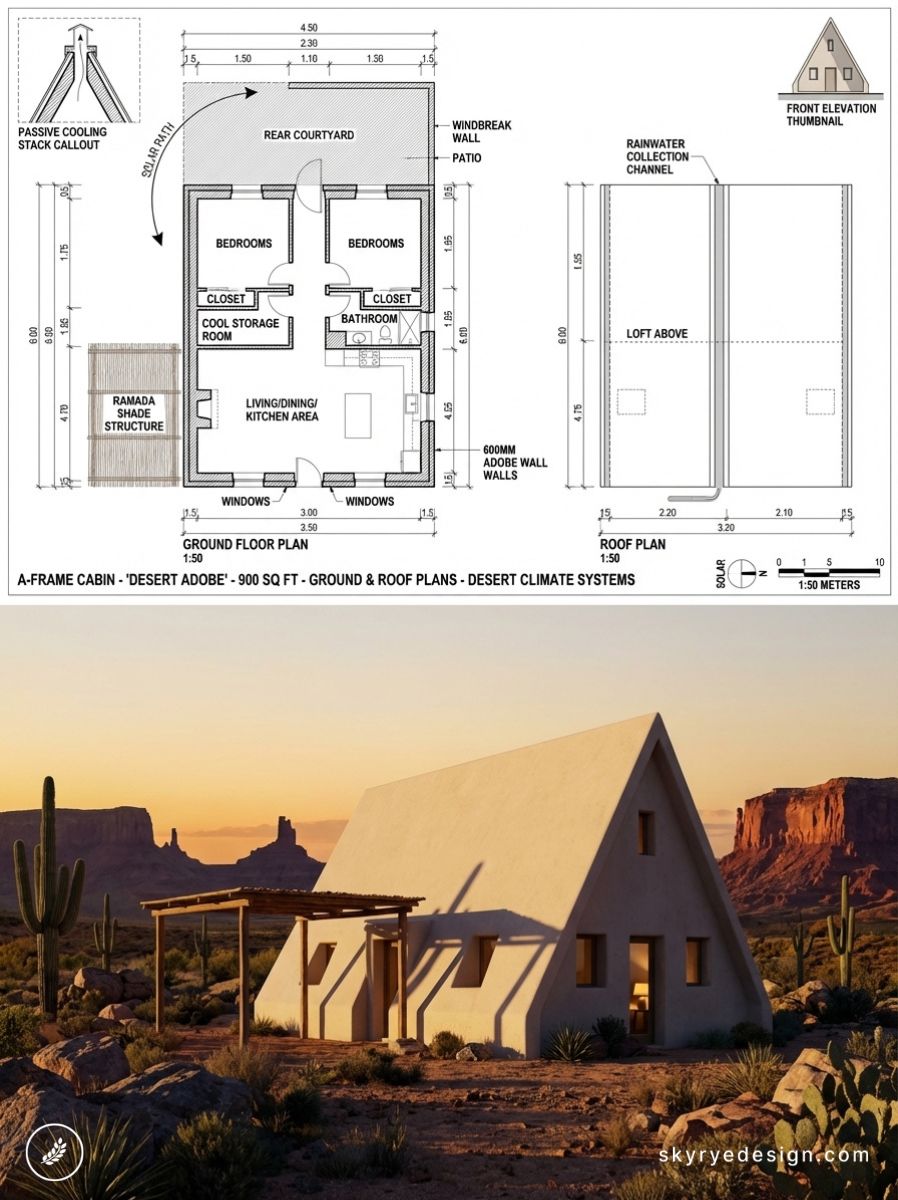 A-frame desert adobe cabin with ground and roof floor plans plus 3D exterior render in arid landscape, ramada shade structure.