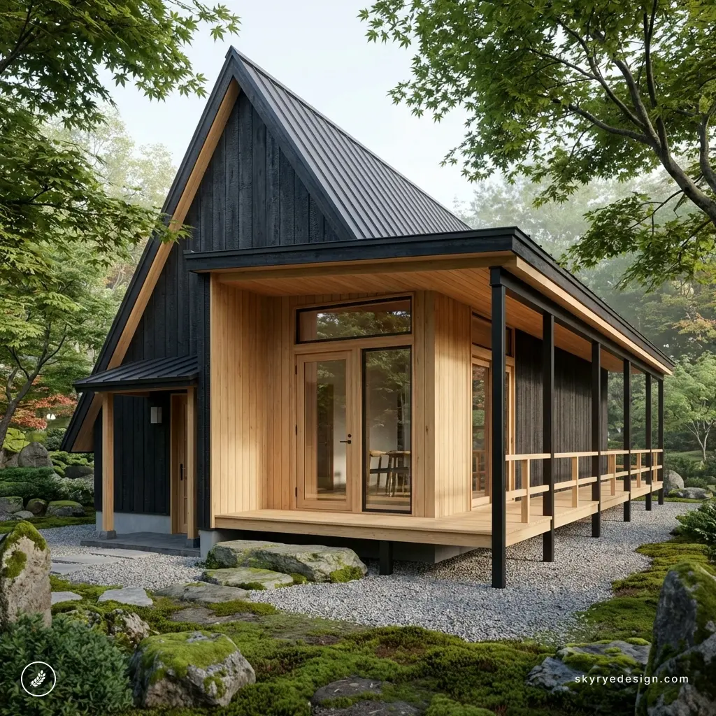 Modern A-frame timber cabin with black siding and wooden porch set in a serene Japanese-style garden