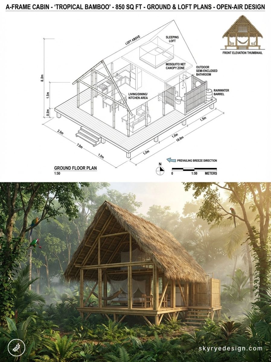 A-frame tropical bamboo cabin with loft - floor plan and 3D rendering of open-air 850 sq ft jungle design
