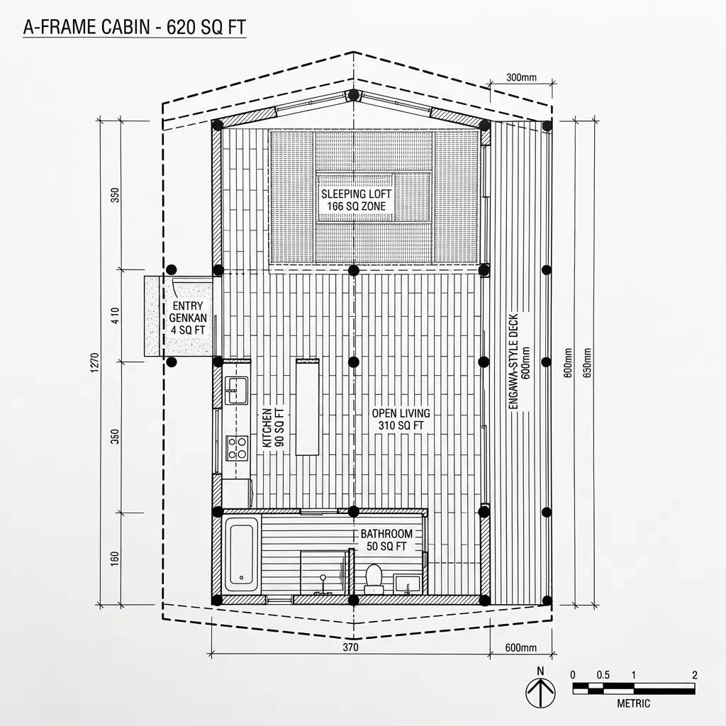 A-frame cabin floor plan 620 sq ft with sleeping loft, open living, kitchen, bathroom and wrap-around deck, metric scale.