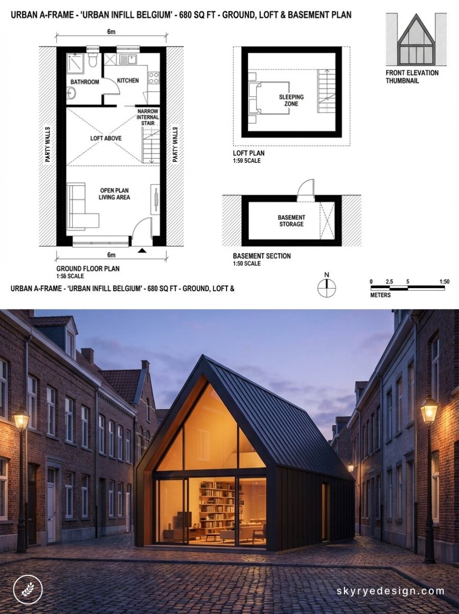 Urban A-frame infill house Belgium, 680 sq ft plans above and dusk render of modern black metal home between brick rowhouses