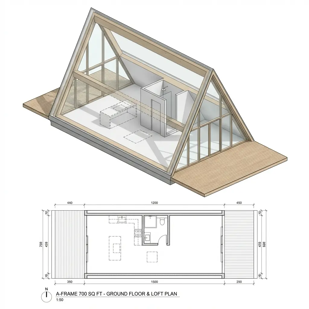 A-frame cabin 700 sq ft 3D rendering and floor plan: ground floor and loft layout with kitchen, bathroom, and glass deck