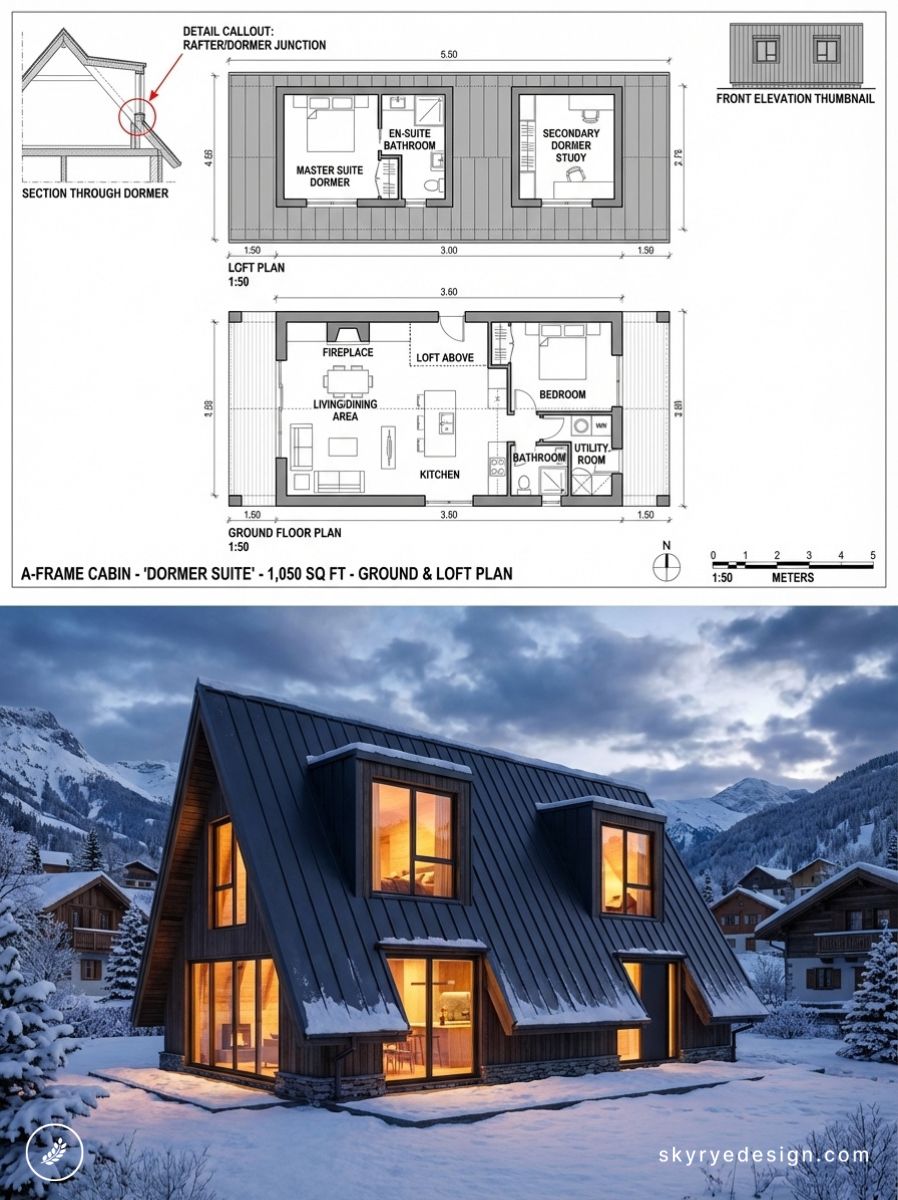 Modern A-frame cabin with dormer windows in snowy mountain village and architectural floor plan above