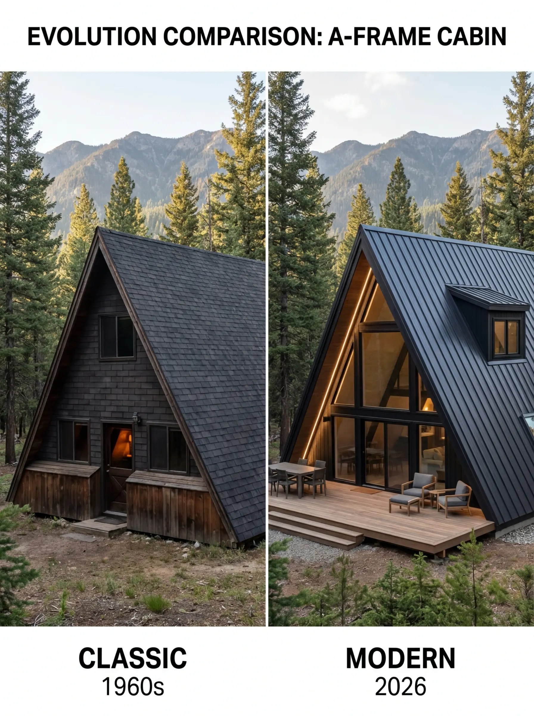 A-frame cabin comparison: classic 1960s rustic wood cabin vs modern 2026 black metal cabin with deck in pine forest