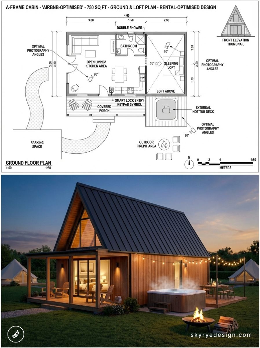 A-frame cabin floor plan and dusk exterior with covered porch, hot tub and firepit - 750 sq ft Airbnb rental design