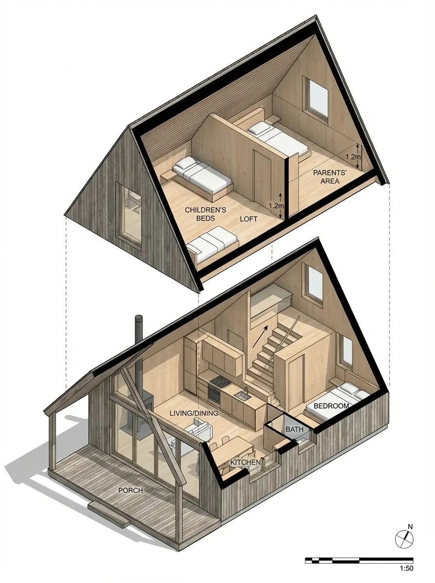 A-frame cabin cutaway interior plan: porch, kitchen, living/dining, bedroom, bath, and loft with kids' beds and parents' area