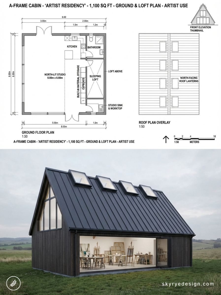 A-frame artist residency: ground/loft floor plan above and exterior photo of black-roof studio with skylights