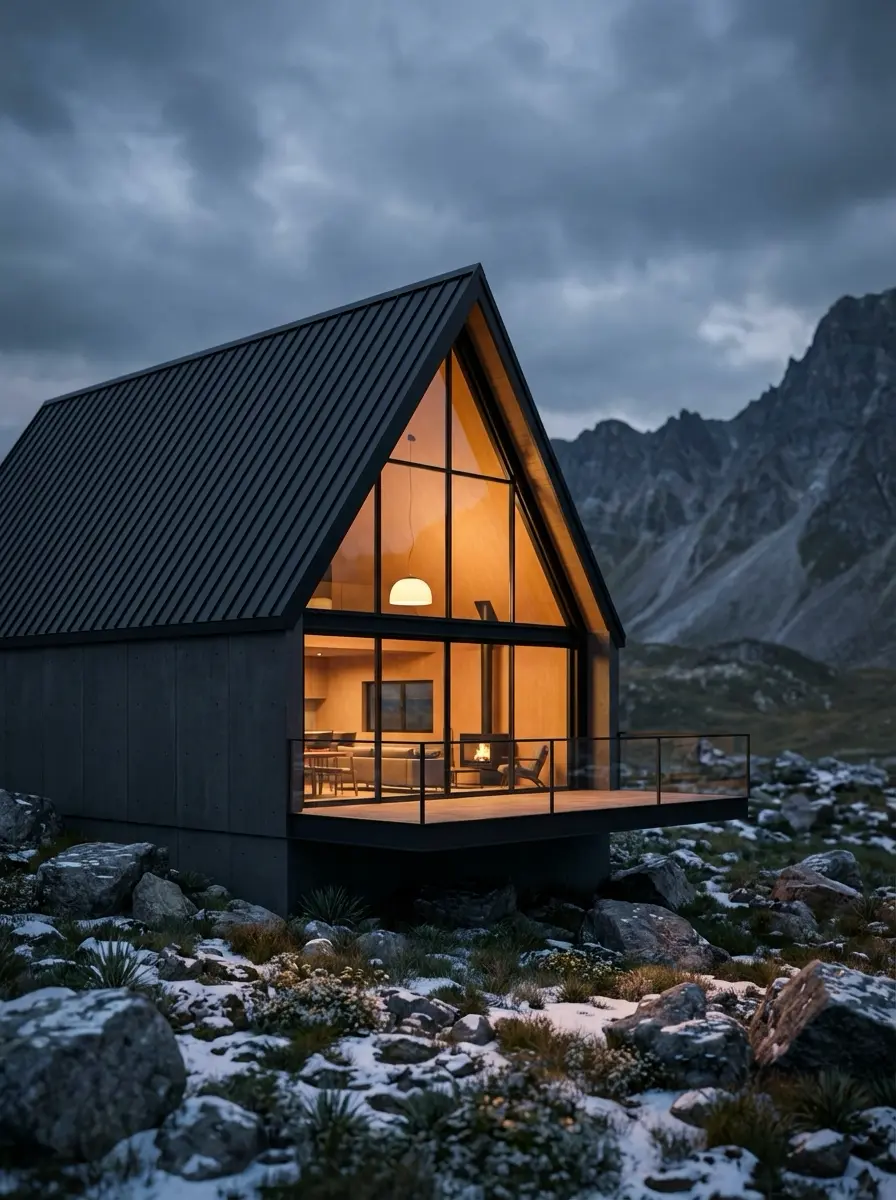 Modern A-frame cabin with glowing glass facade, cozy interior and balcony overlooking snowy mountain landscape at dusk