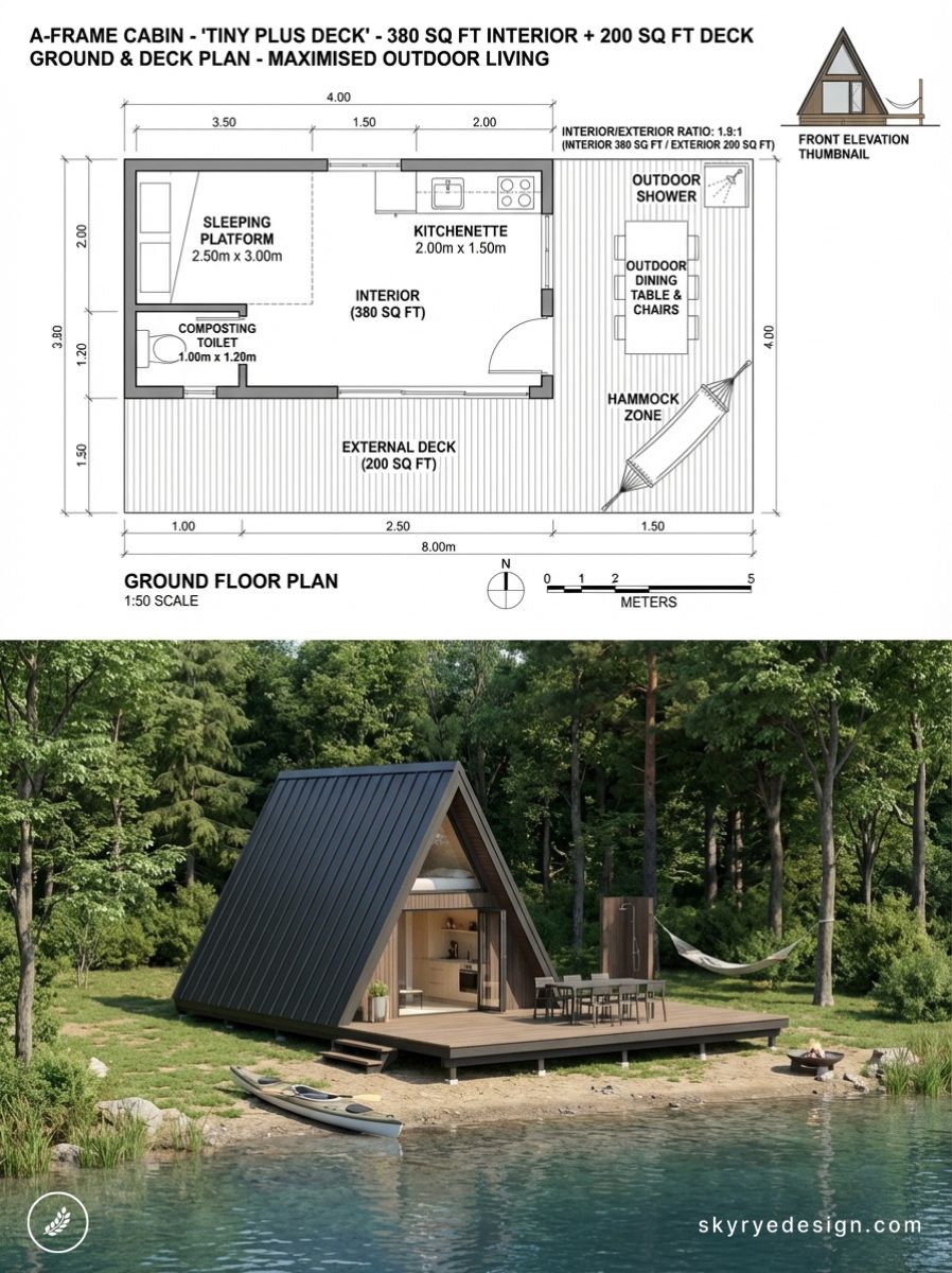 A-frame tiny cabin floor plan and lakeside 380 sq ft interior + 200 sq ft deck rendering with hammock and kayak