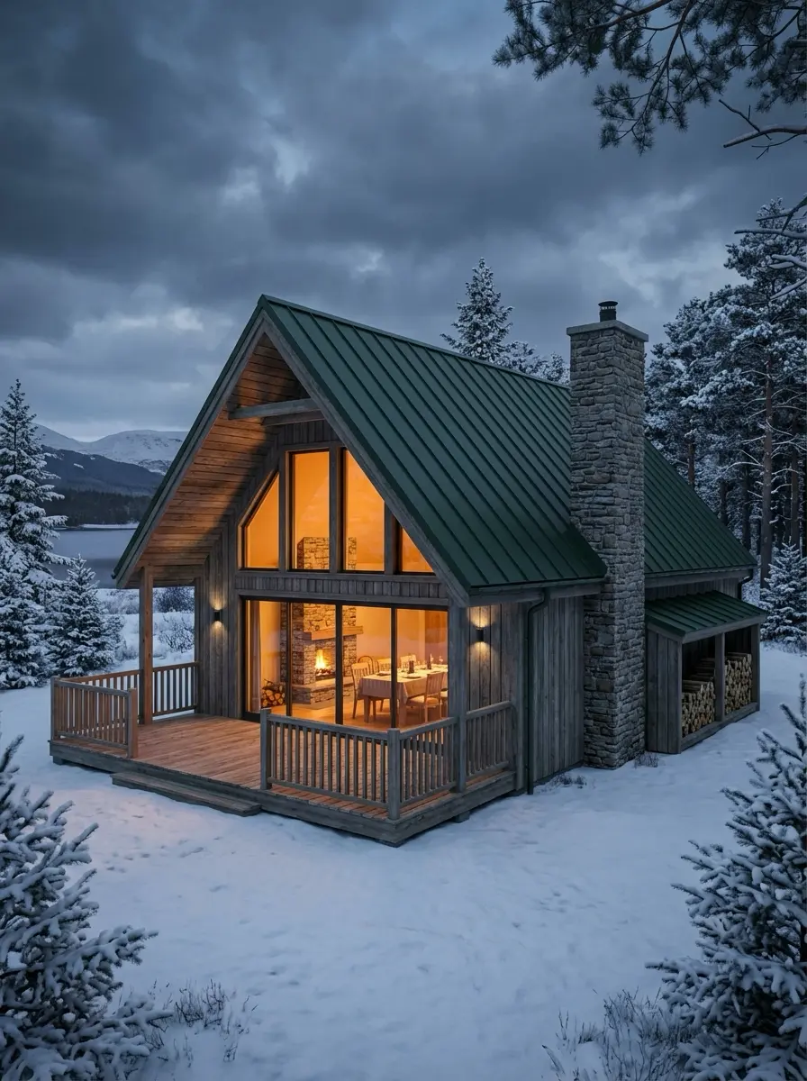 Cozy A-frame winter cabin with warm glowing interior and stone chimney in snowy forest by a lake