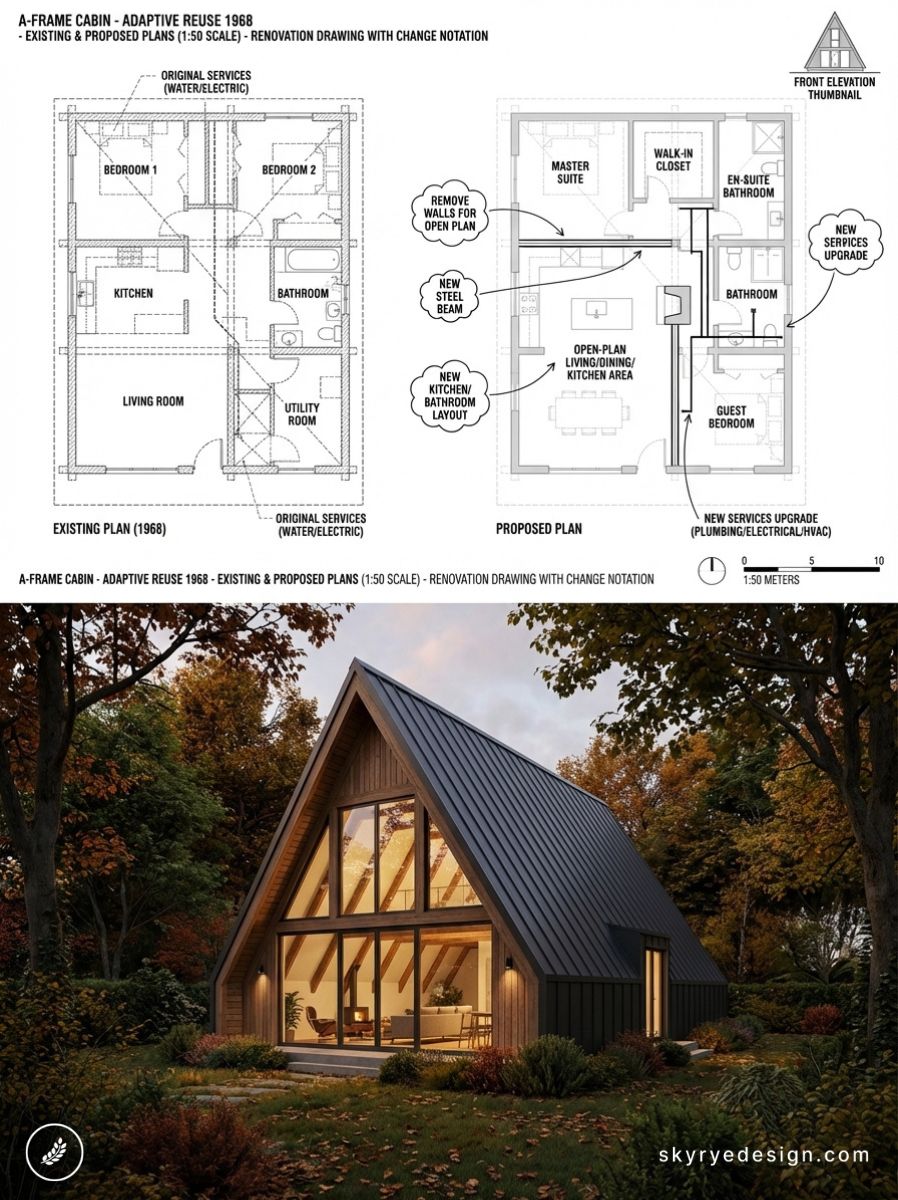 A-frame cabin adaptive reuse: existing and proposed floor plans above, modern glass-front exterior render in wooded setting