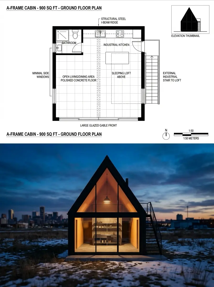 A-frame 900 sq ft cabin floor plan above dusk photo of illuminated glass-front cabin with exterior stairs.