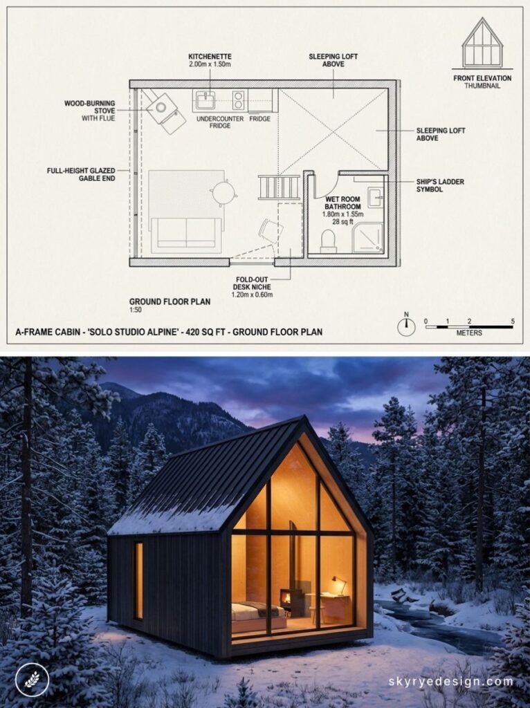 A-frame cabin tiny house with floor plan and glowing glass-front interior in snowy forest, modern 420 sq ft design
