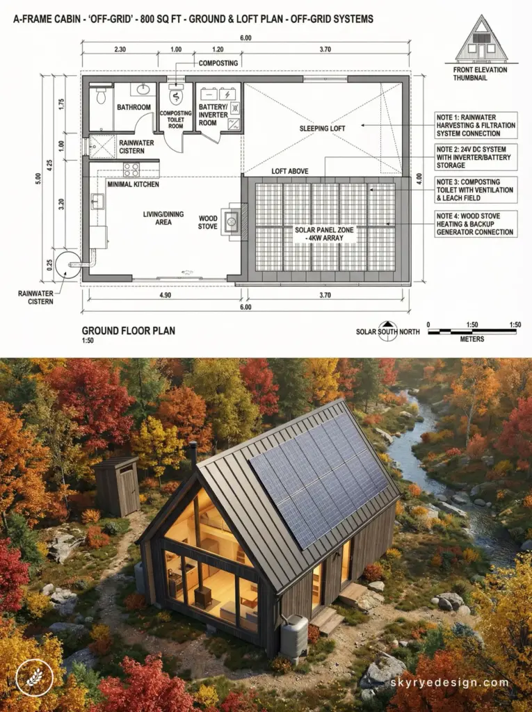 A-frame off-grid cabin floor plan above photo of cabin with rooftop solar panels, rainwater cistern in autumn forest.