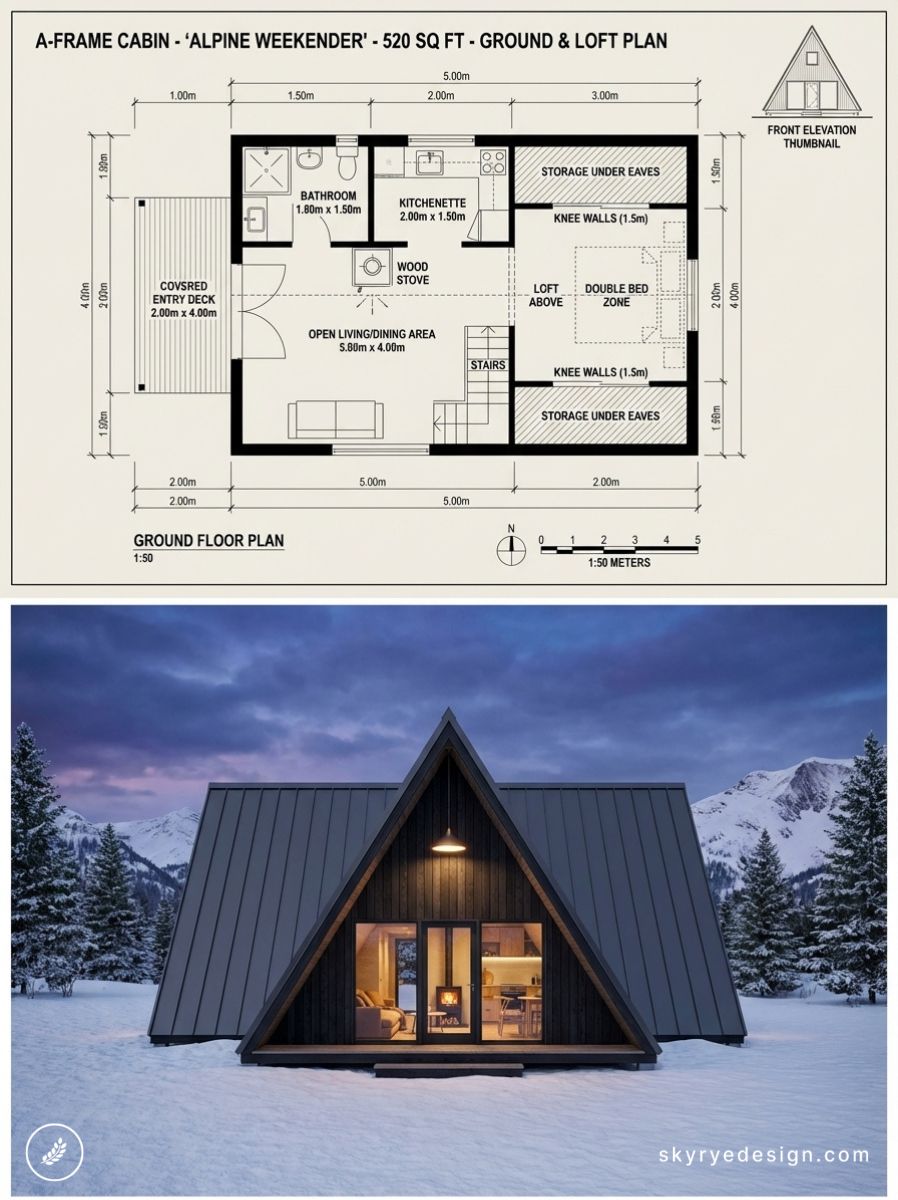 A-frame cabin 520 sq ft ground & loft floor plan above exterior night rendering in snowy alpine setting
