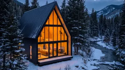 Modern A-frame cabin with glowing floor-to-ceiling windows by a snowy river in a pine forest with mountain backdrop