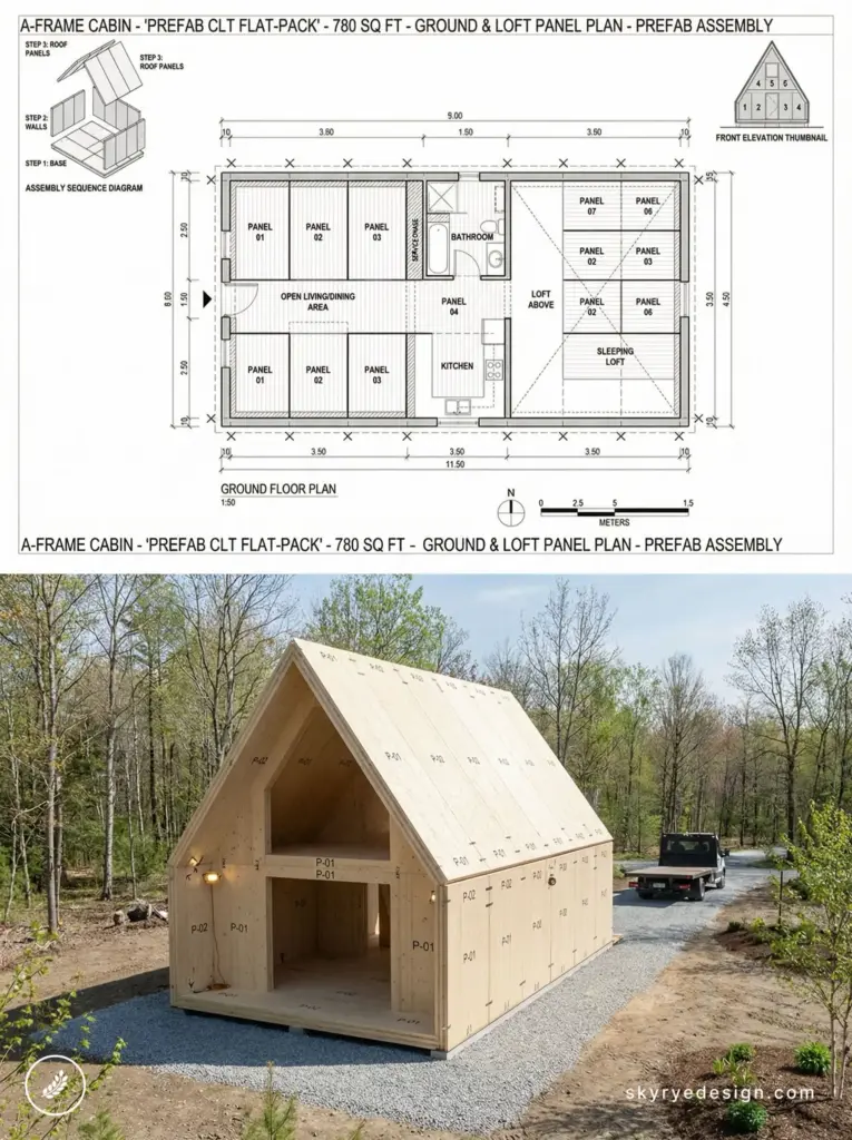 Prefab A-frame cabin flat-pack 780 sq ft — blueprint and assembled CLT panel kit pictured on woodland gravel site